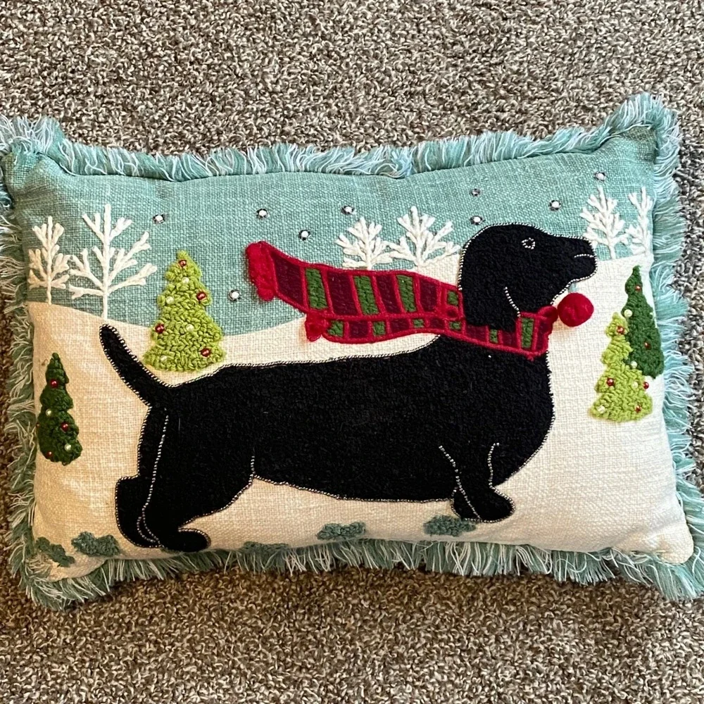 Christmas Dachshund Lumbar Pillow Embroidered Beaded Dog Winter Fringe